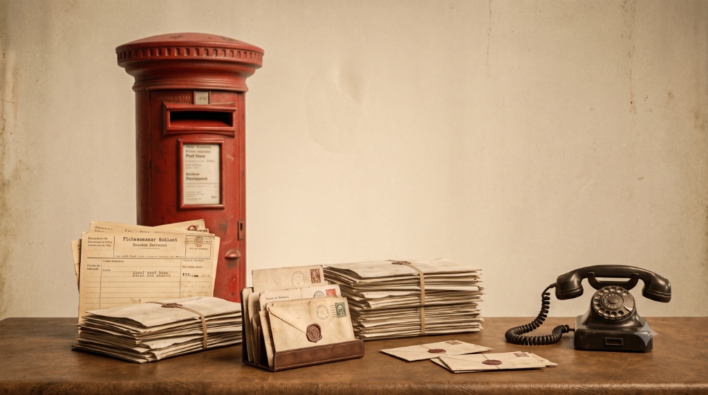 Vintage red postbox, letters, and telephone